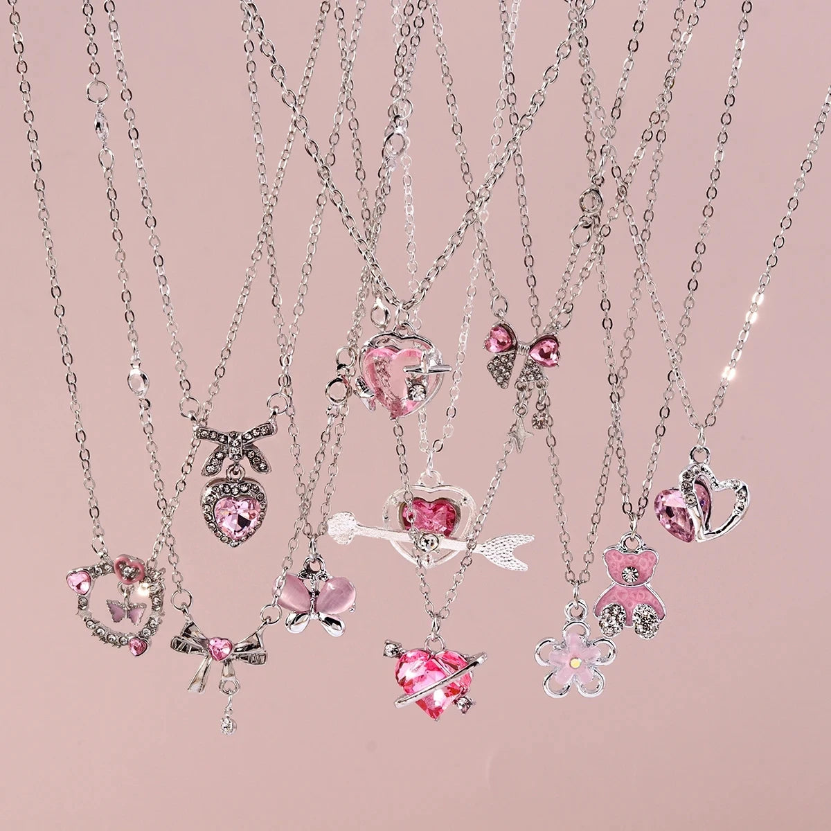 Pink Zircon Heart & Bow Pendant Necklace