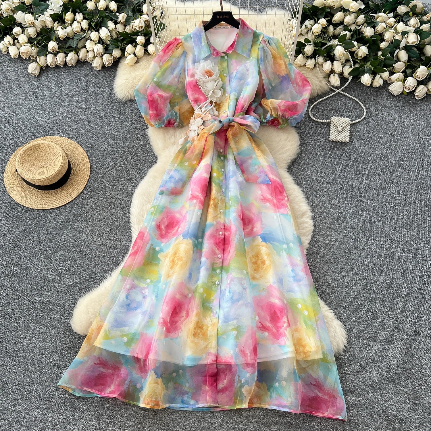 Chic vintage Sexy print mesh Spliced Fairy Summer  Women Boho Sundress women clothing Long dress