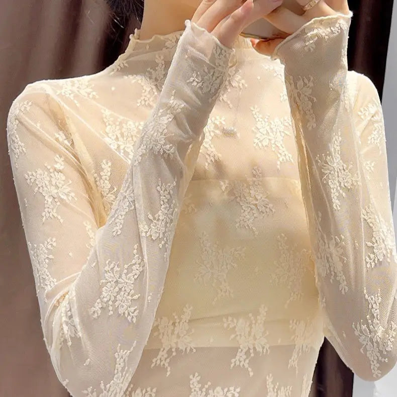 Women's Sheer Mesh Long-Sleeve Turtleneck Crop Top