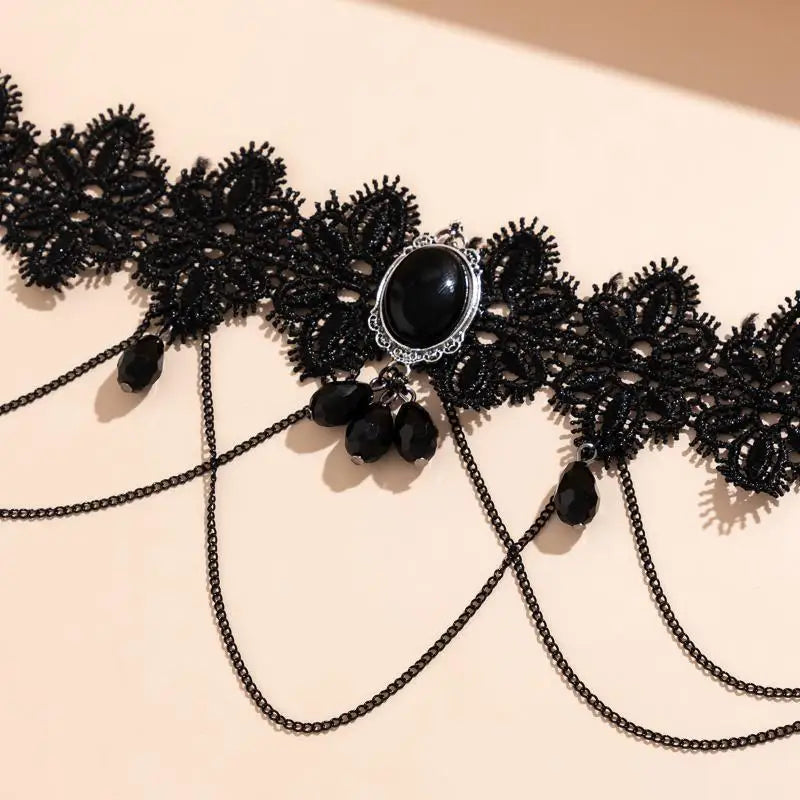 'HS'[HS]1PC Gothic Black Lace Rope Chain Necklace Crystal Beads Geometric Charm Chokers Collar Girls Women Party Y2K Jewelry New