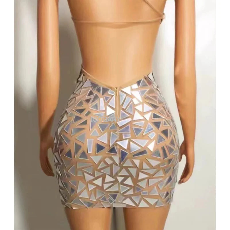 New Sexy Women Party Off Shoulder Evening Dress Silver Mirrors Hollow Out Sequins Hip Wrapped Dresses Jazz Pole Dance Stage Wear