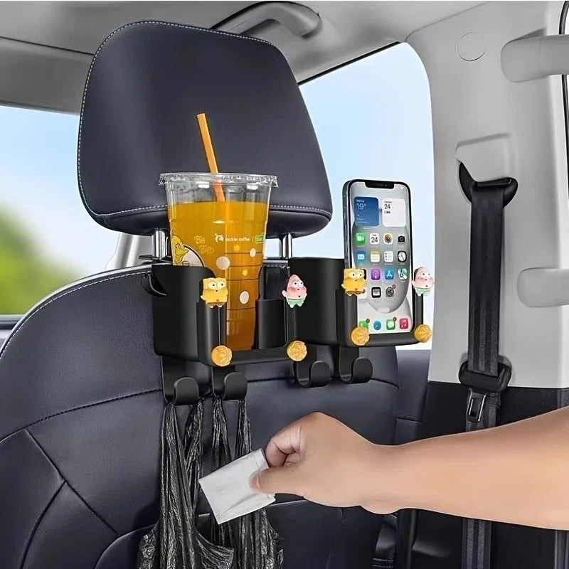 2 Pack Car Seat Back Organizer, Cup Holder & Hook, Phone Bracket, Rear Storage for Water Cup & Phone, Car Interior Accessories
