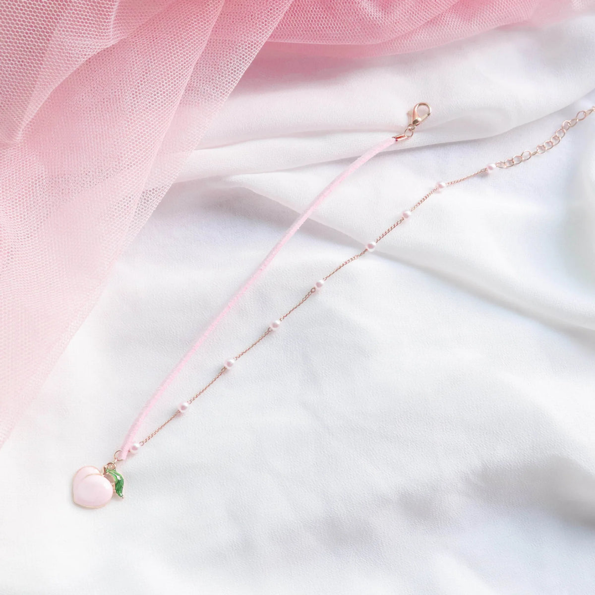 Women's Pink Lace Pearl Pendant Choker