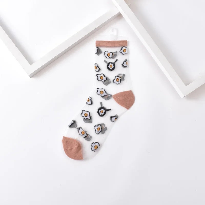 Summer Women Socks Ultra-thin Transparent Crystal Silk Socks Women Cartoon Print Japanese Kawaii Cute Funny Elastic Long Socks