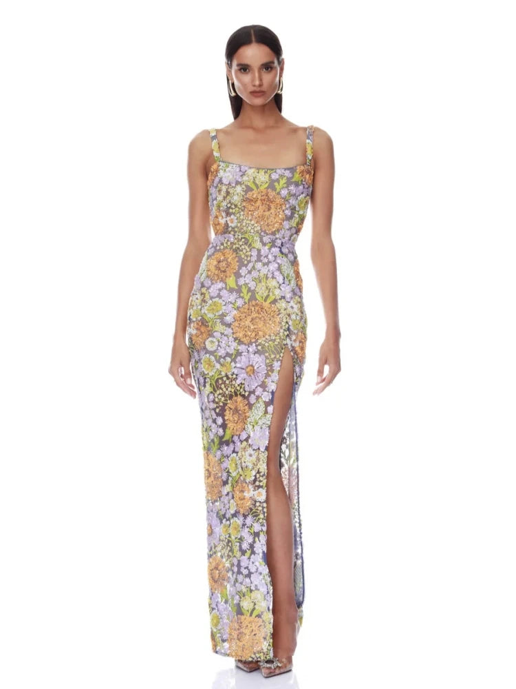 Sexy Spaghetti Strap Sparkling Sequin Floral Maxi Dress Women Sleeveless Embroidery Sequins Split Dresses Evening Party Gowns