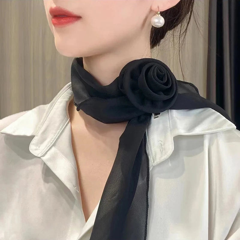 Women's Rose Print Silk Scarf & Ribbon Tie