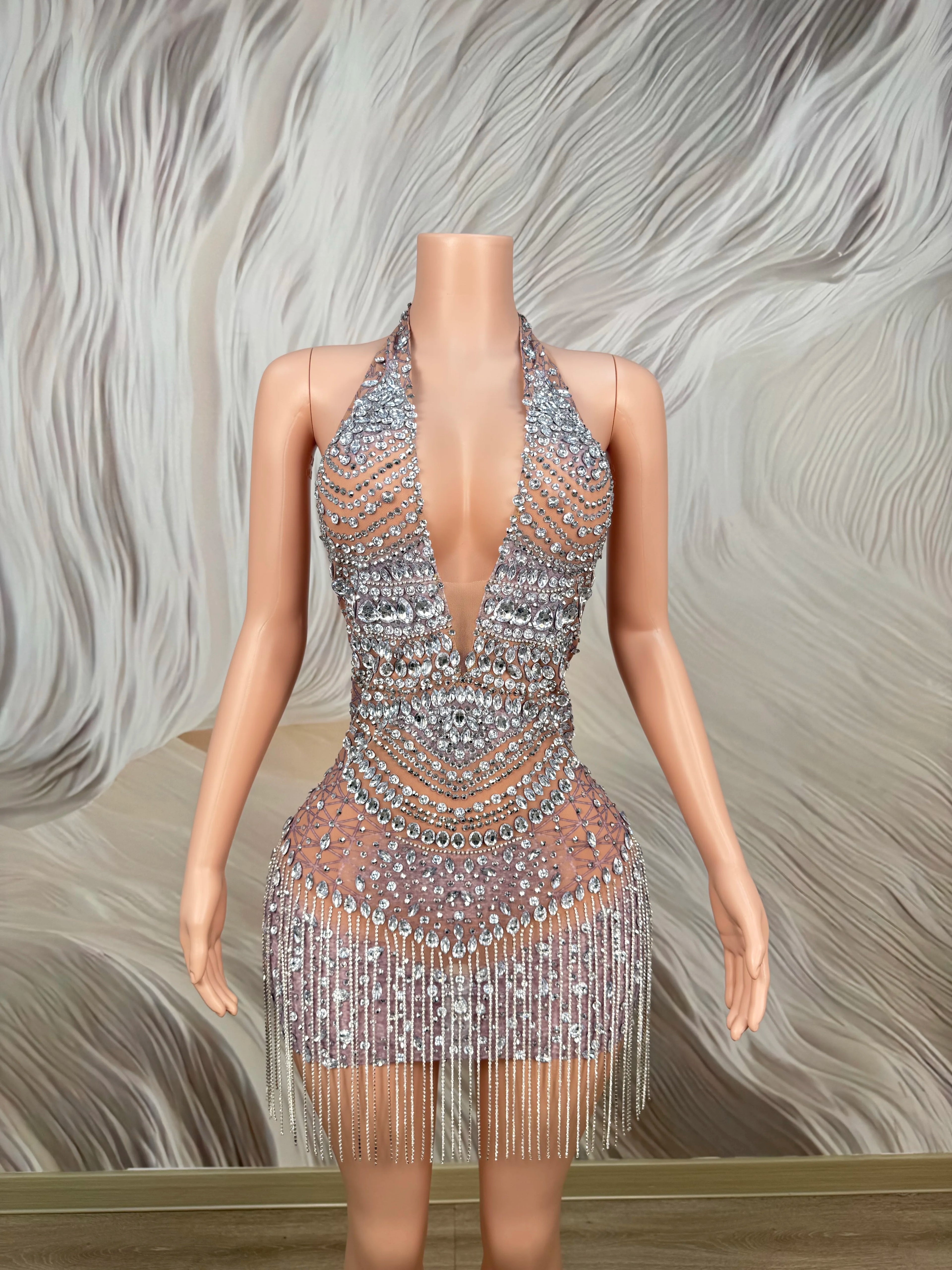 Sparkly Rhinestones Sexy Backless Mesh See Through Mini Dress Women Luxury Birthday Evening Party Dresses Nightclub Stage Outfit