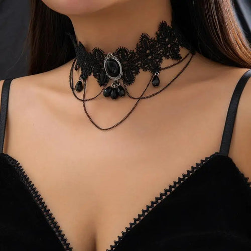 'HS'[HS]1PC Gothic Black Lace Rope Chain Necklace Crystal Beads Geometric Charm Chokers Collar Girls Women Party Y2K Jewelry New
