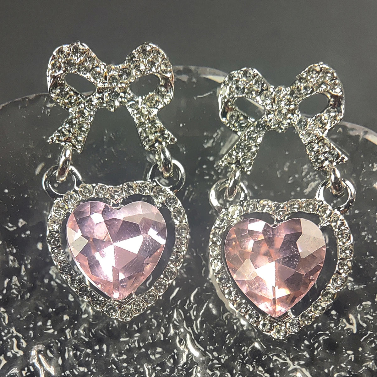 Pink Heart & Bow Drop Earrings