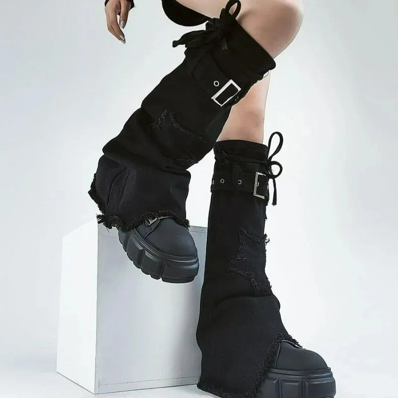 Distressed Denim Punk Over-Knee Leg Warmers