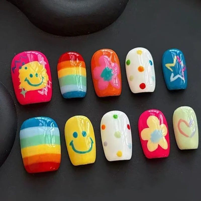 30Pcs Fake Nails Fun Cute Short-Style Press-On Nails with A Dopamine-Inspired Design—High-Quality Nails Perfect for Girls