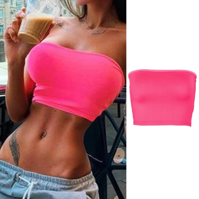 Women Summer Sexy Strapless Cropped Tube Top Color Off Shoulder Bralette Basic Wrapped Chest Bandeau Dropshipping