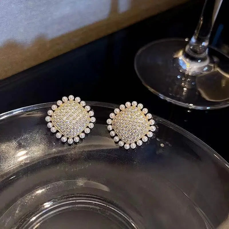 Square Pearl & Crystal Heart Stud Earrings