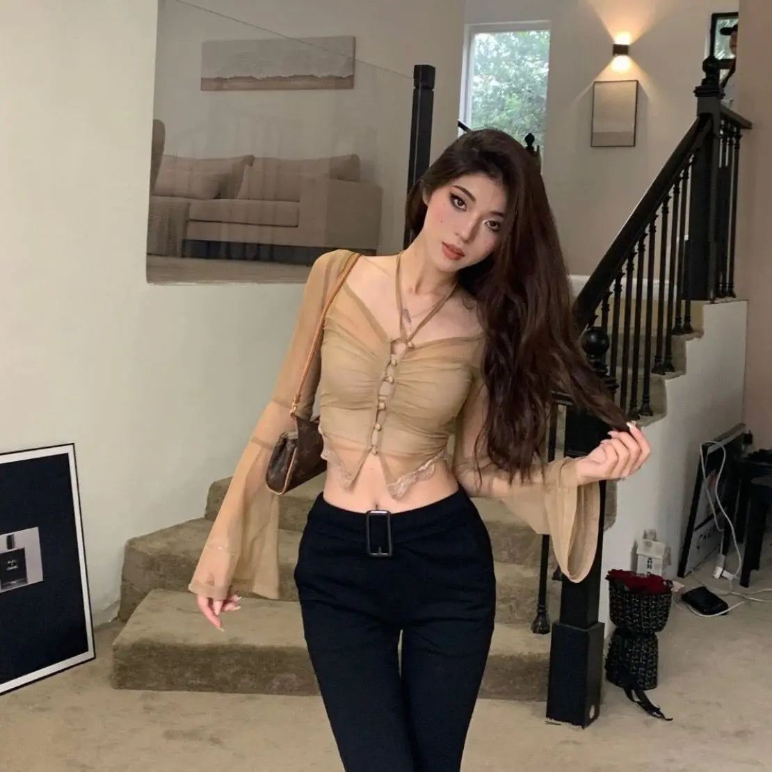 Sexy Halter T-shirts Women Clothes Hot Female Crop Tops Korean Fashion Ladies Streetwear See Through Long Sleeve Tees Pure Basic