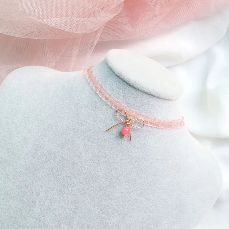 Women's Pink Lace Pearl Pendant Choker