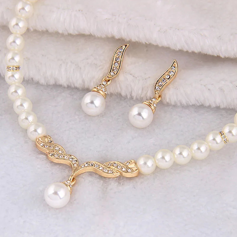Creative Gold Color Necklace + 1 Pair Earrings Wedding Bridal Pearl Jewelry Set For Women Lady Female