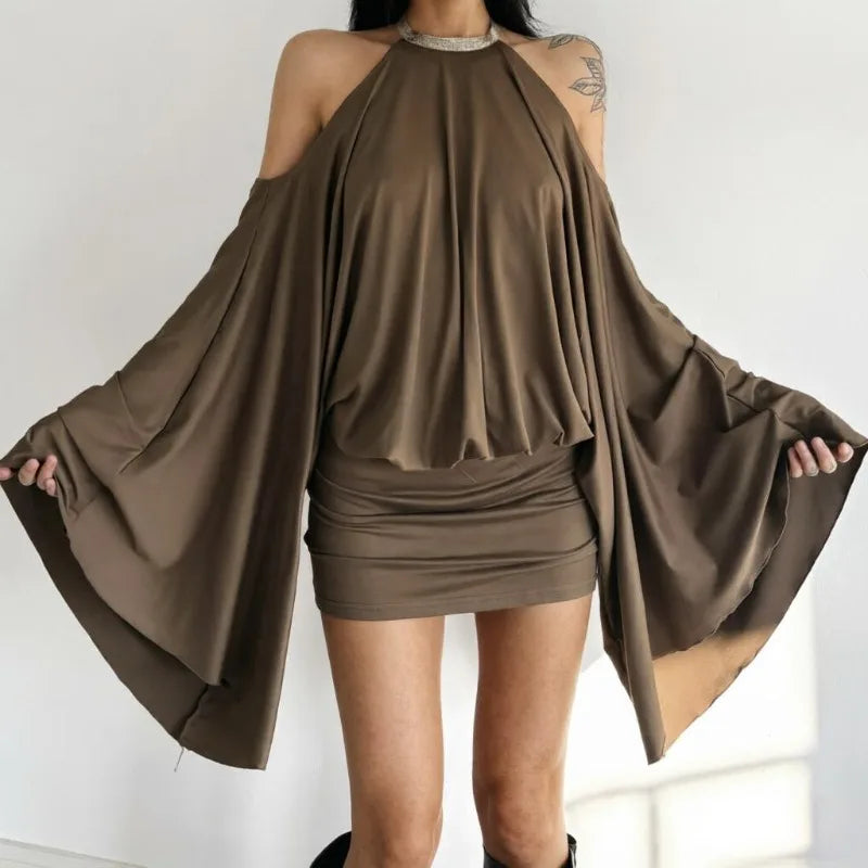 2026 European and American Spice Girls Sexy Shoulder Backless Irregular Design Short Skirt Loose Bat Sleeve Dress Women