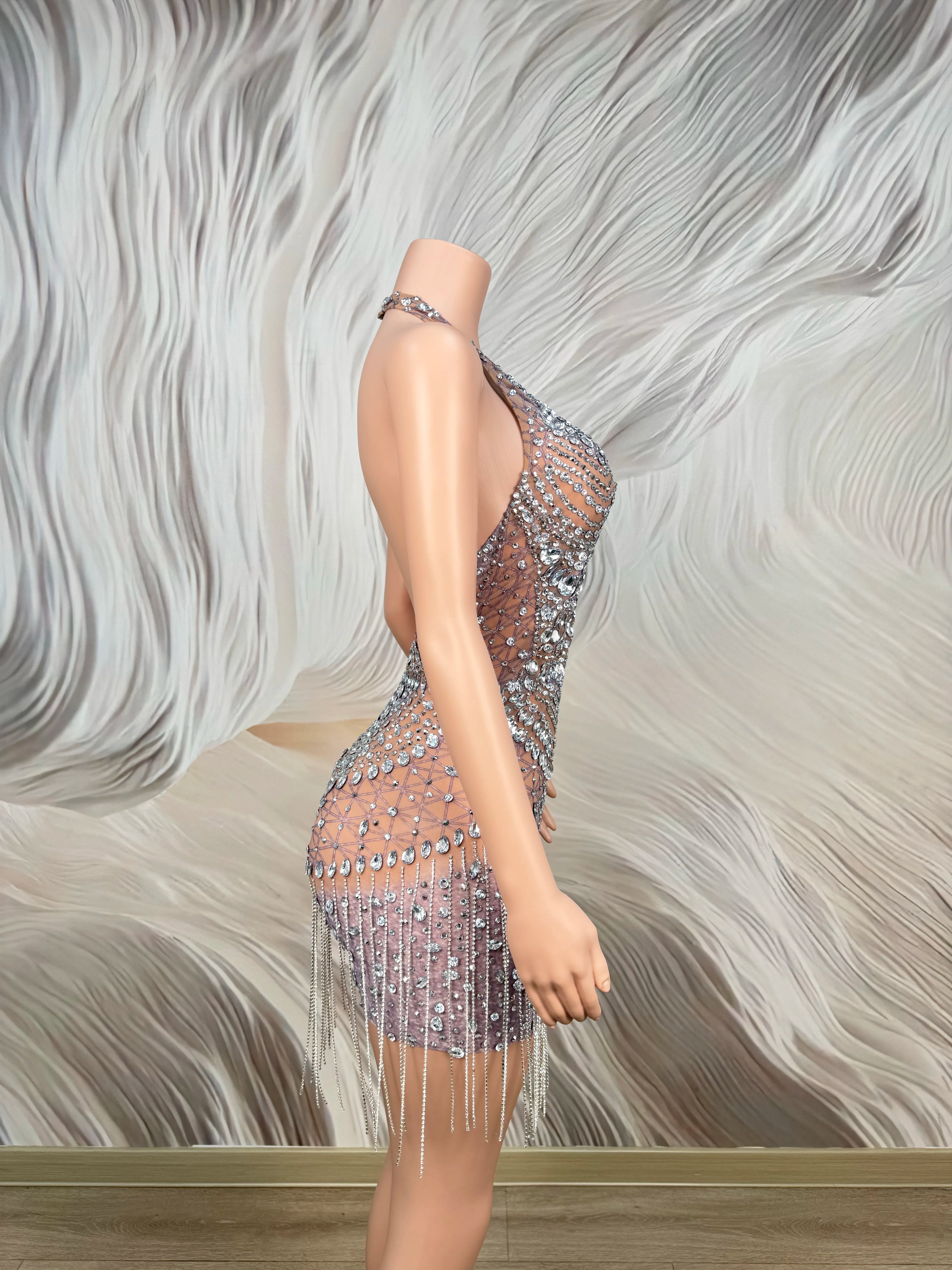 Sparkly Rhinestones Sexy Backless Mesh See Through Mini Dress Women Luxury Birthday Evening Party Dresses Nightclub Stage Outfit