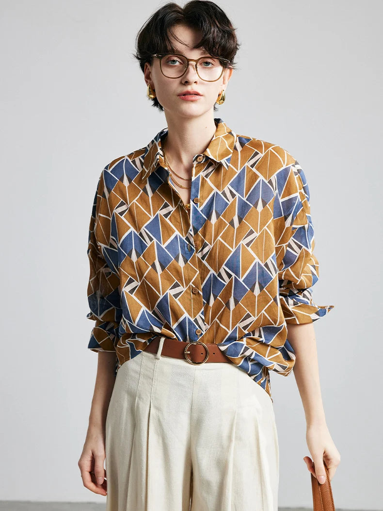 Women's Ramie Printed Turn-Down Collar Shirt