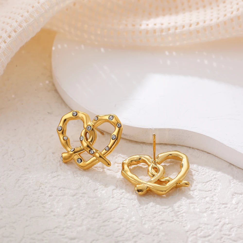 18K Gold-Plated CZ Bow & Heart Stud Earrings