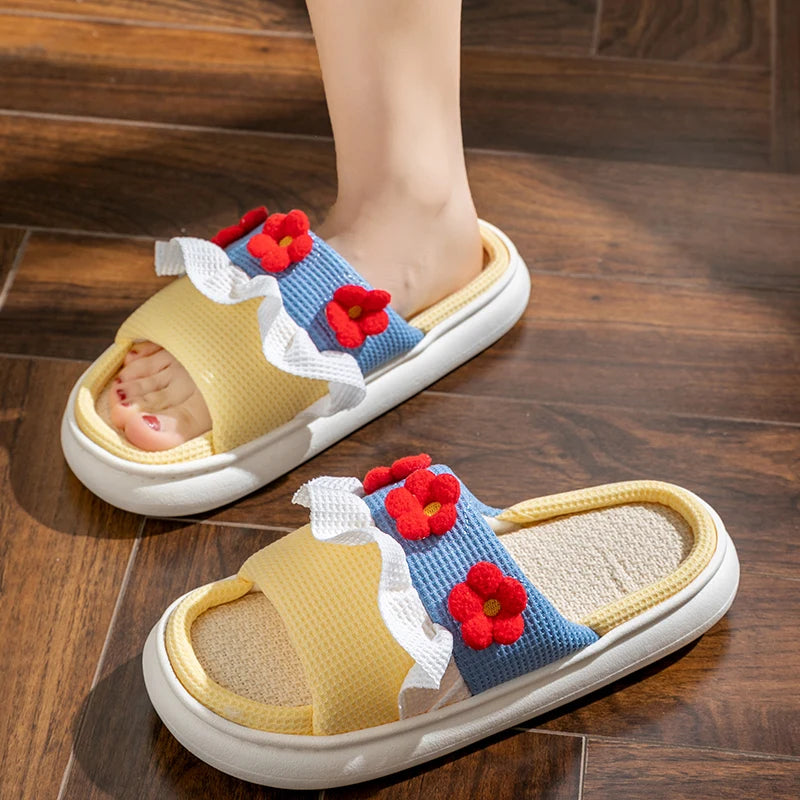 Platform Slippers Women Home Cartoon Cute Flower Designer Shoes Girls Casual House Cotton Linen Slides Flats Indoor Open Toe