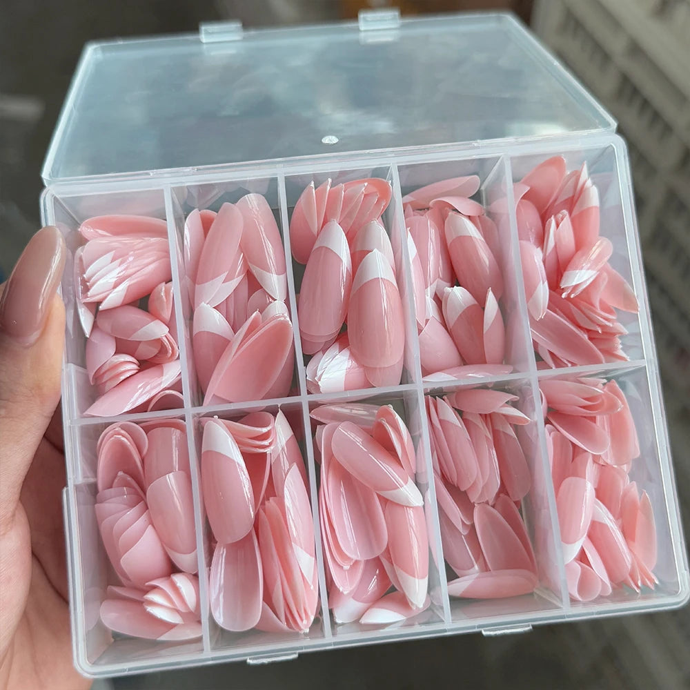 360/240/120pcs Light Pink Almond Press On Nails Glossy White French Fake Nail Simple Full Cover Fake Nails Soft Gel Nail Tips*%&