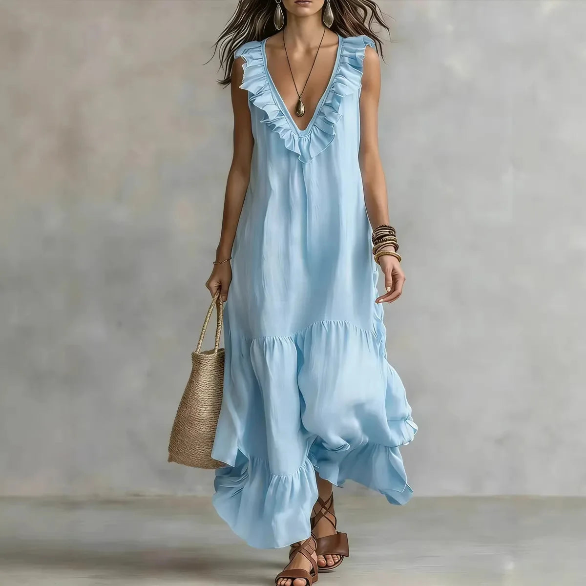 Women's Cotton-Linen V-Neck Ruffle Beach Dress