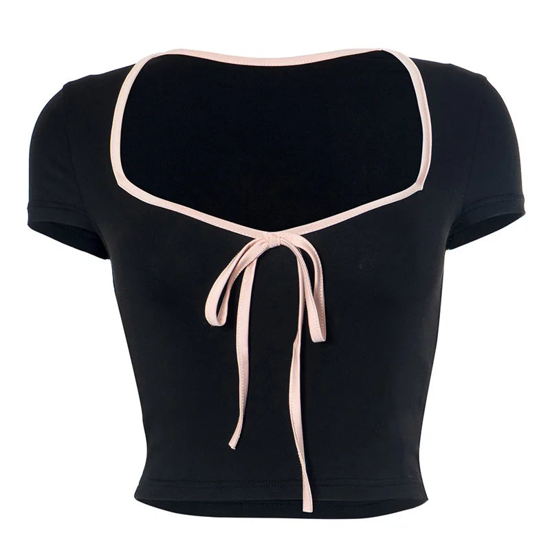 Black Bow Square-Neck Y2K Baby Tee