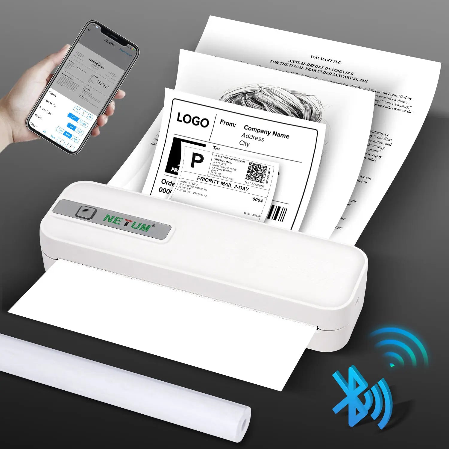 Portable Wireless Thermal Printer, XL-P801 Bluetooth Inkless Printer for Phone & PC,Prints 2.2”–8.3”,Travel Printer for Home