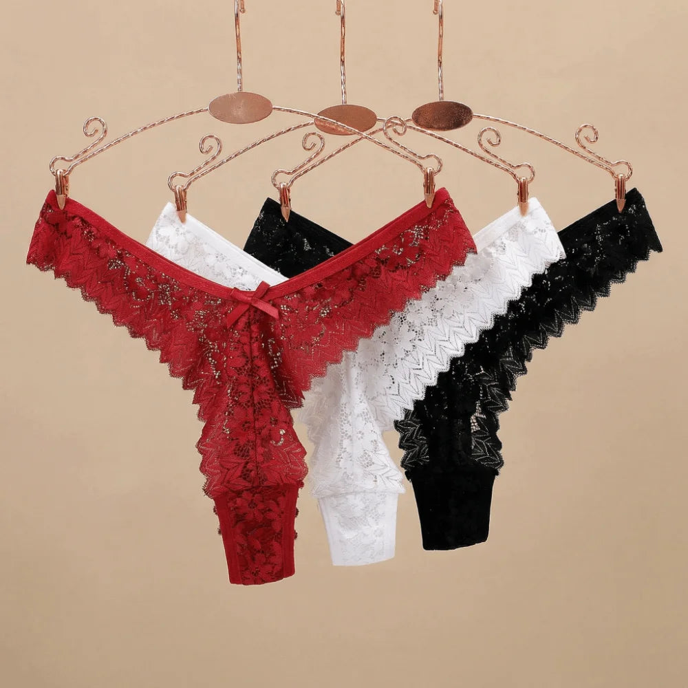 Lingerie Bow Flower Lace Seamless Thong Transparent Panties Underwear for Women Mid Waist Hollow Mesh Lace Briefs Comfortable