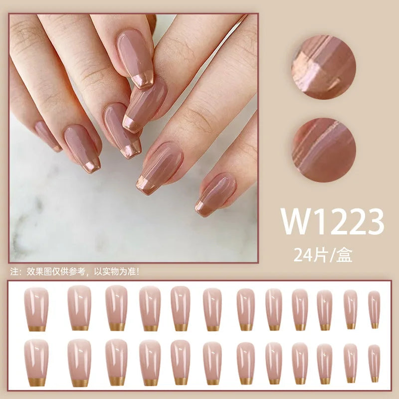 24Pcs Fake Nail  Minimalist French Tips with Rose Gold Stiletto Shapes Elegant and Luxurious Design Perfect Gift for Women