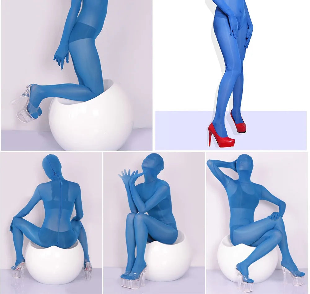 Sexy See Through Ice Silk Full Wrap One-piece Tight Jumpsuit High Elastic Home Corset Zipper Open Crotch Bodysuit