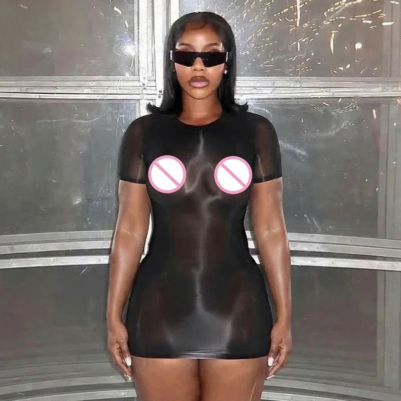 Sexy spicy girl style see through short sleeved tight fitting dress, short dress