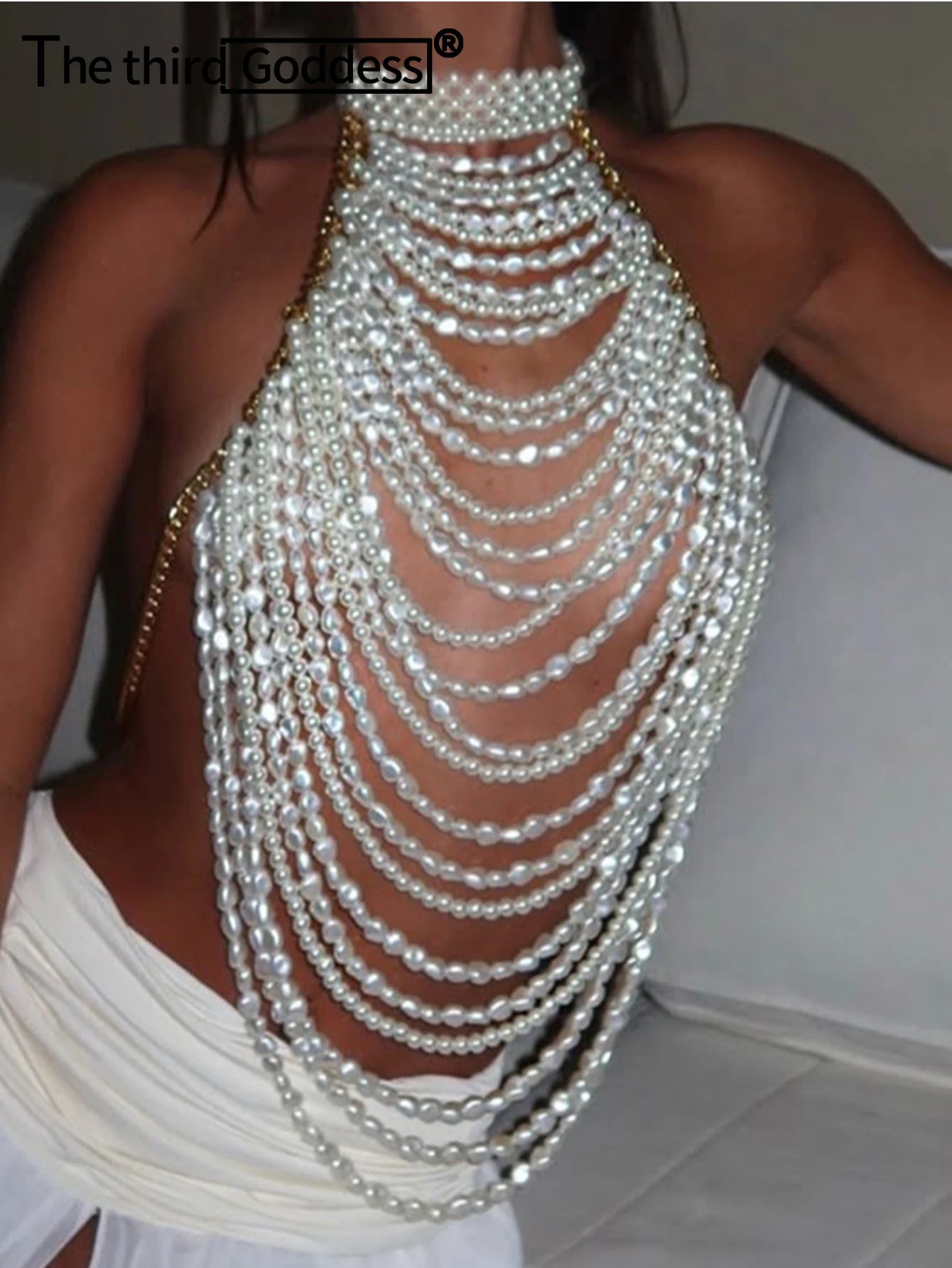 Sexy See Through Metal Chain Corset Crop Top Women Summer Pearl Beading Halter Tanks Top Nightclub Party Tops for Woman Clothing