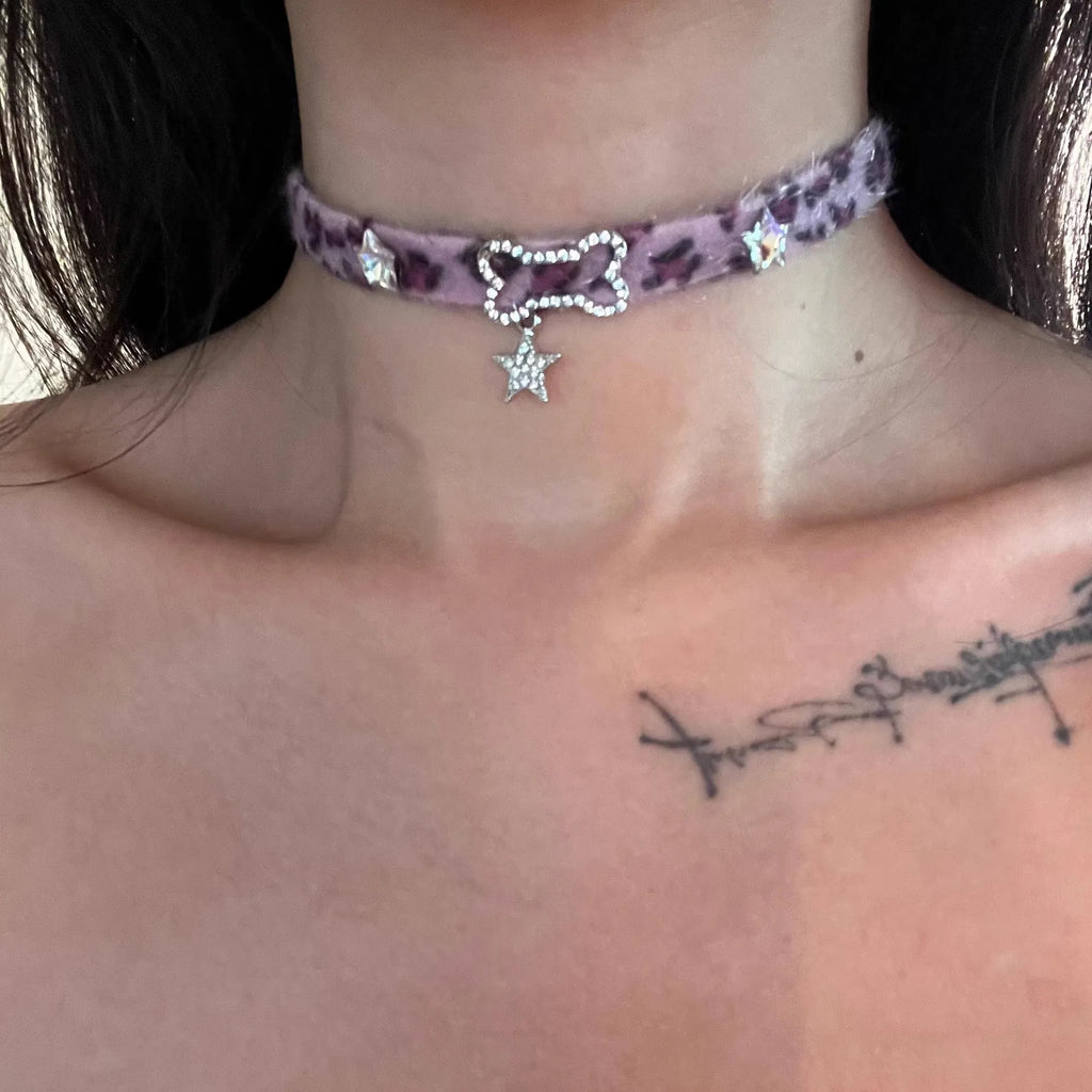 Plush Leopard Bone Choker for Women, Korean Kawaii Fashion Star Pendant Necklace, Harajuku Sexy Accessories, Y2K Jewelry Gift