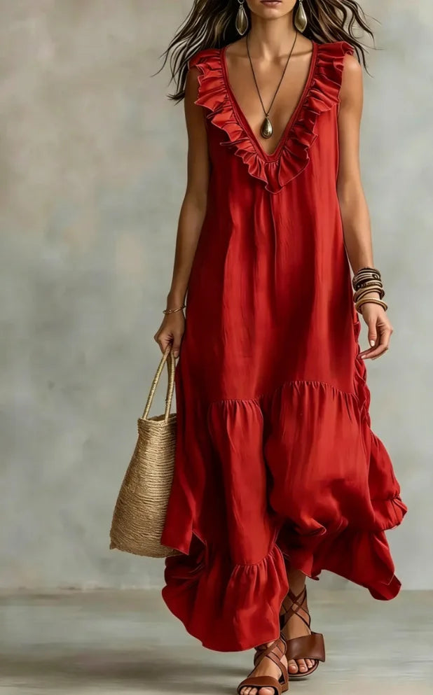 Women's Cotton-Linen V-Neck Ruffle Beach Dress