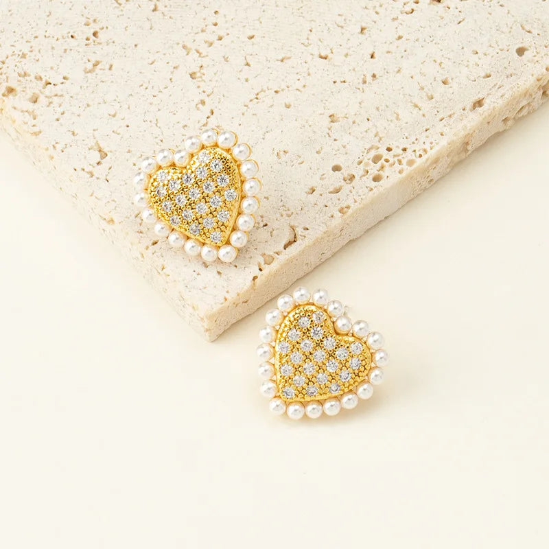 Square Pearl & Crystal Heart Stud Earrings