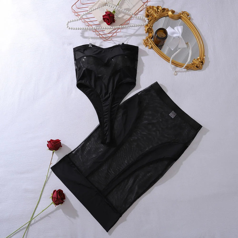 Sexy Exotic Lingerie See Through Mesh Bodysuit Slim Strapless Long Skirt 2PCS Set Lingerie Seductive Splicing Fancy Clothing