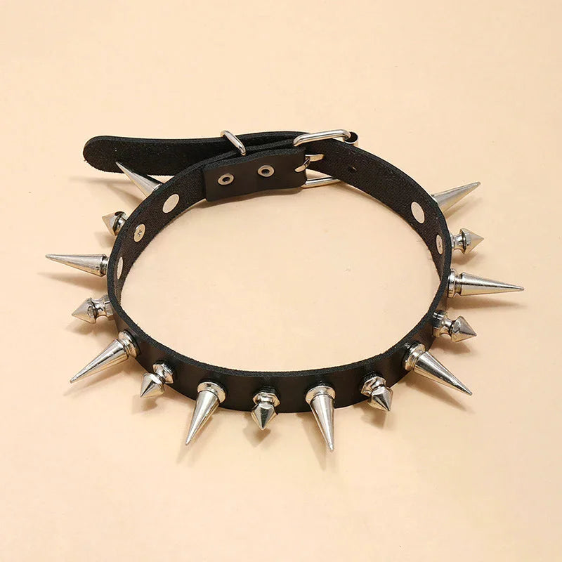Long Spike Choker Punk Faux Leather Collar  Goth Style Necklace Accessories