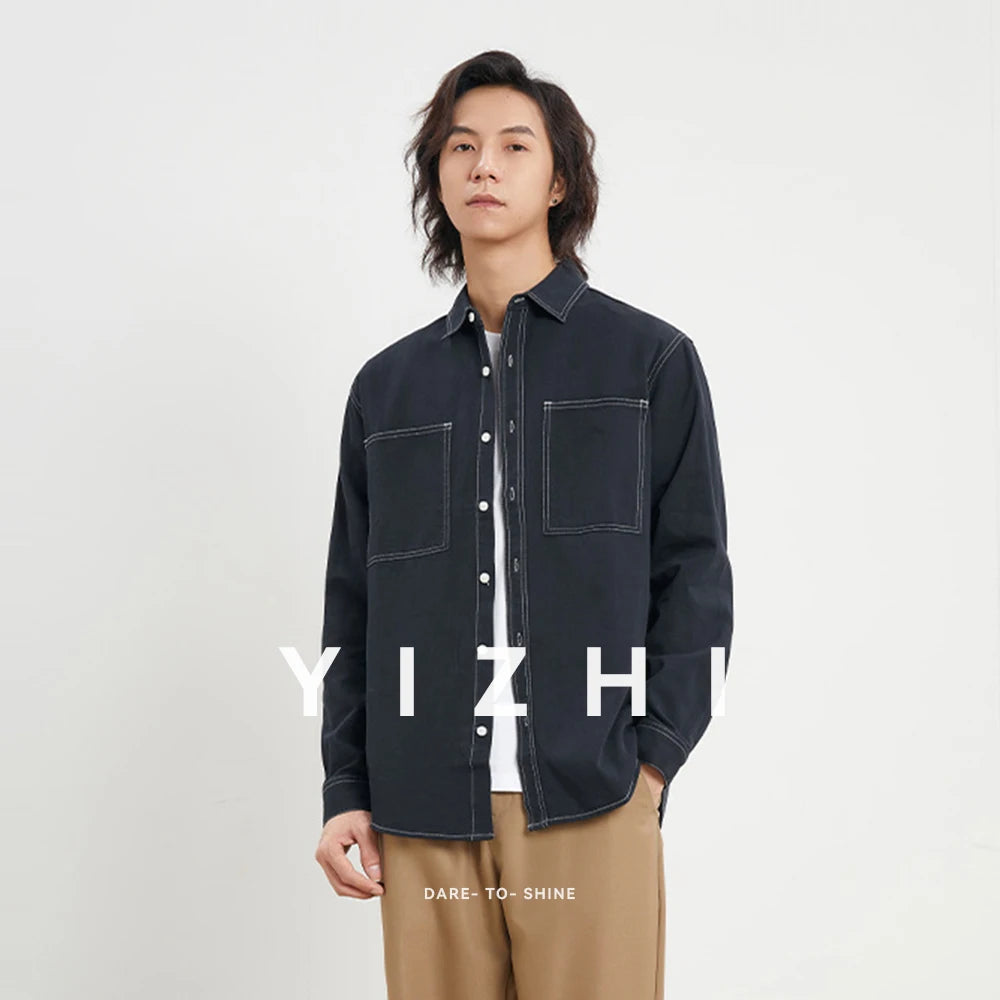 100% Cotton Men's Shirt Jacket 2025 Spring Autumn New Style Japanese Lapel Solid Color Shirt Loose Slightly Elastic Youth Jacket