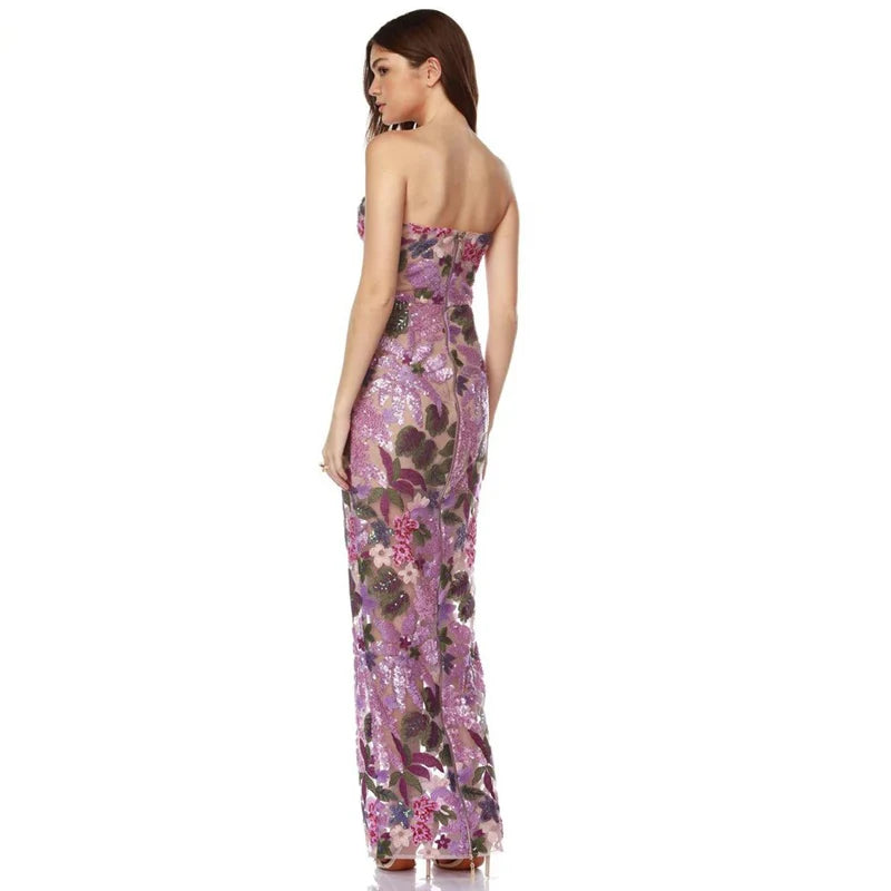 New Sexy Embroidered Bead Flower Strapless Backless Party Dress, Women's Slim Fit Waist Wearing Fishbone Party Dress Long