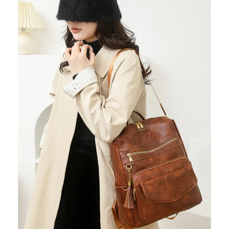 Backpack Purse for Women pu Large LadiesFashion Tassel Pu Leather Travel Backpack Purse Designer Ladies Shoulder Bags Waterproof