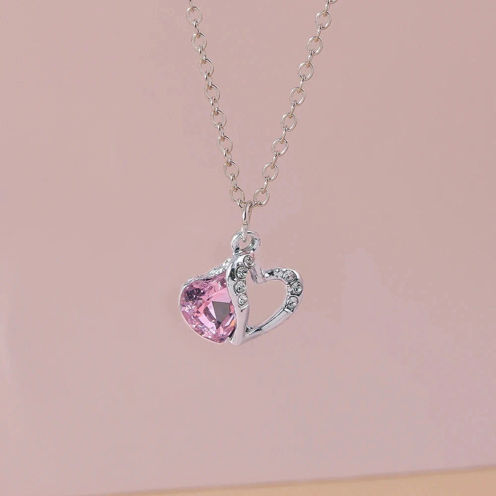 Pink Zircon Heart & Bow Pendant Necklace