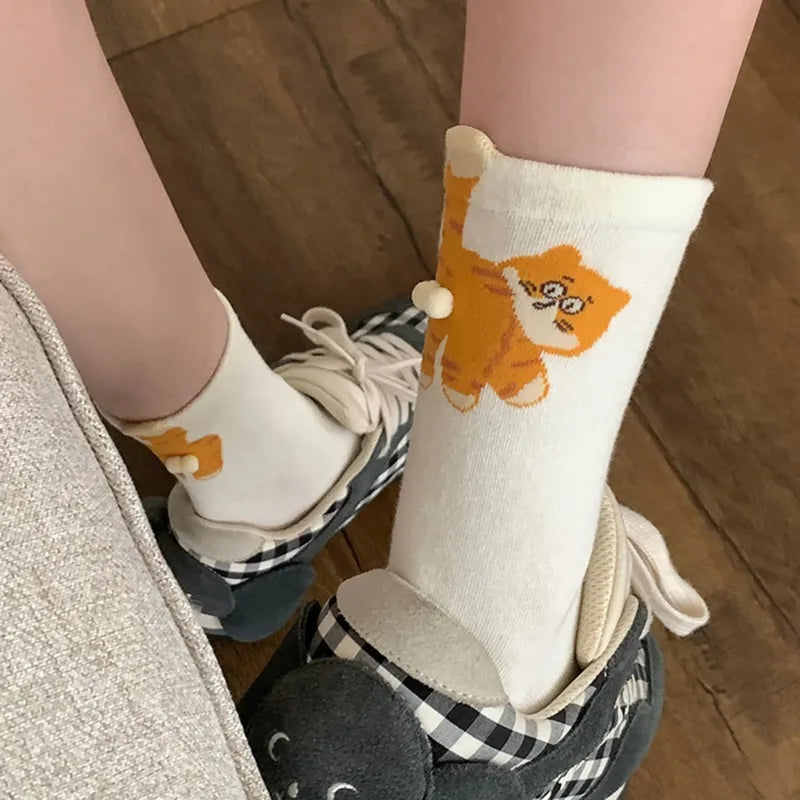 1/3 Pair Three-Dimensional Cat Printed Men Female Mid Tube Socks Soft Comfortable Sweat Absorbing Breathable Casual Couples Sock