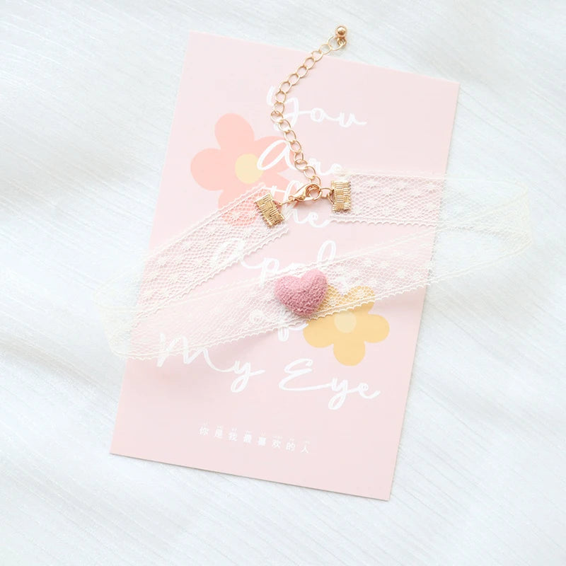 Women's Pink Lace Pearl Pendant Choker