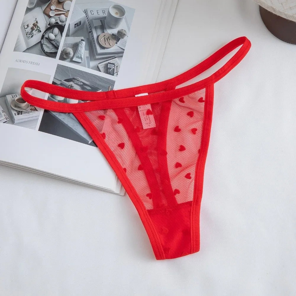 Lingerie Heart Mesh Thong Thin Strap Transparent T-back Briefs Low Waist Panties Lingerie