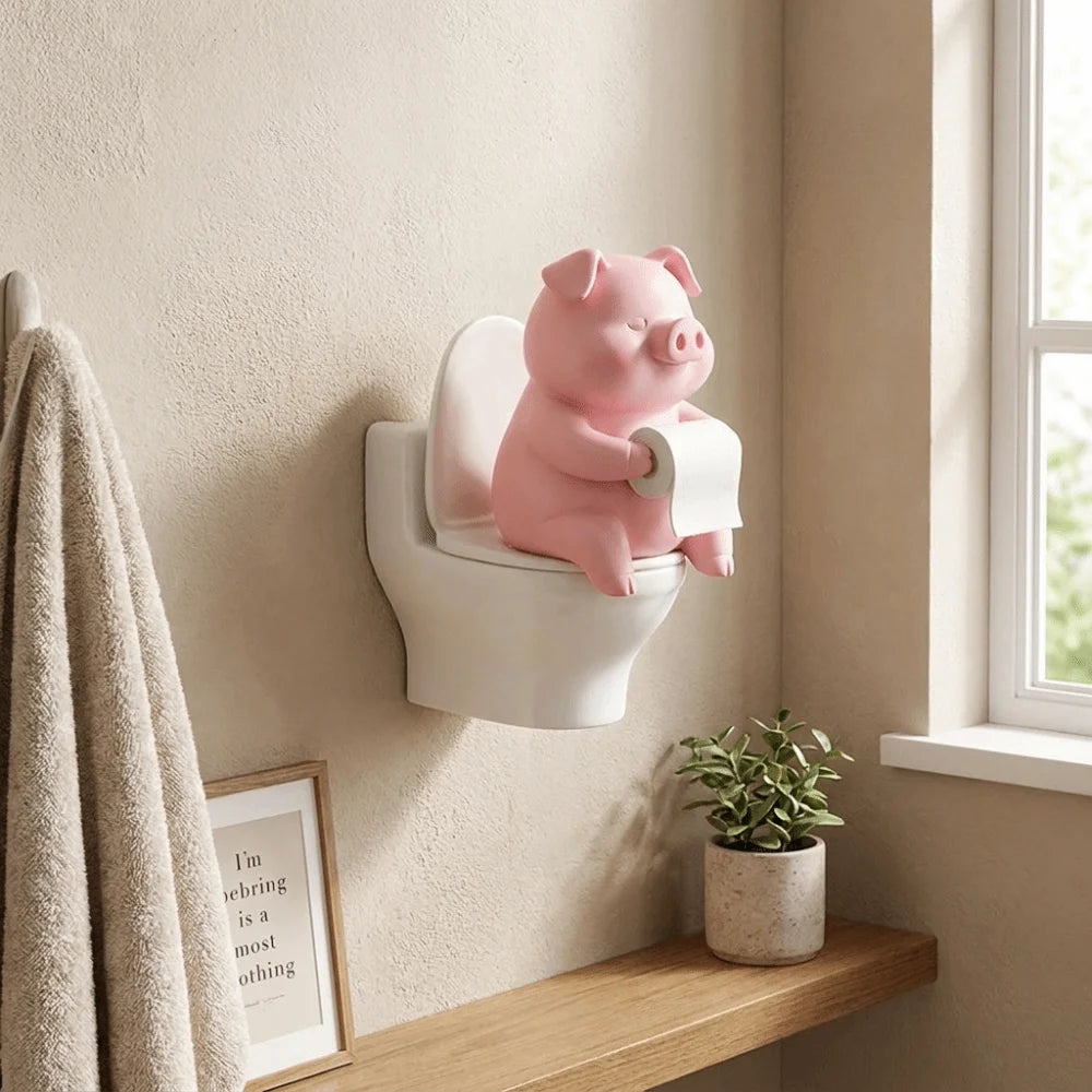 Funny 3D Printed Pig Figurine Cartoon Plastic Pig Sitting on Toilet Wall Mounted Toilet Pig Decoration Desk Shelf