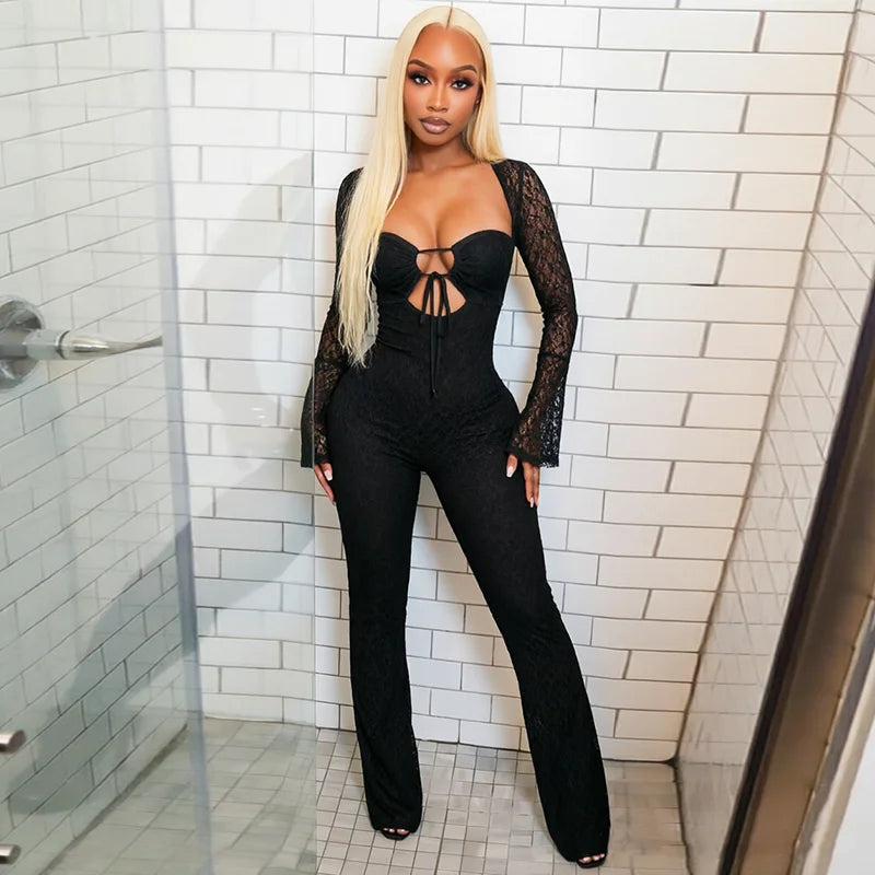 Sexy chest wrapped lace waist cinched hollow drawstring long sleeved jumpsuit pants