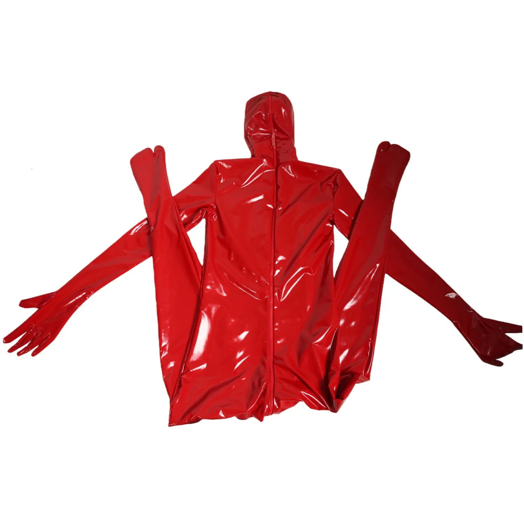 Sexy Cosplay Maid Full Bodysuit Latex Elasitc Sexy Tight PU Faux Leather Oil Shiny Catsuit Bodycon Glove Sleeve Jumpsuit