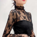 Sexy Women T Shirt See Through Transparent Mesh Tops Long Sleeve Sheer Slim Ladies Turtleneck Bright Silk T-Shirt Lace Crop Top